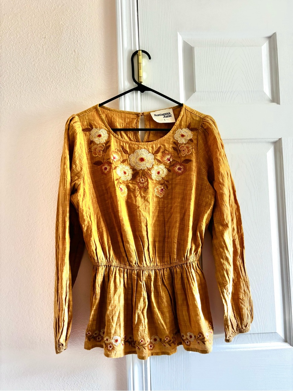 Savanna Jane Mustard Yellow Embroidered Peplum Top Size S